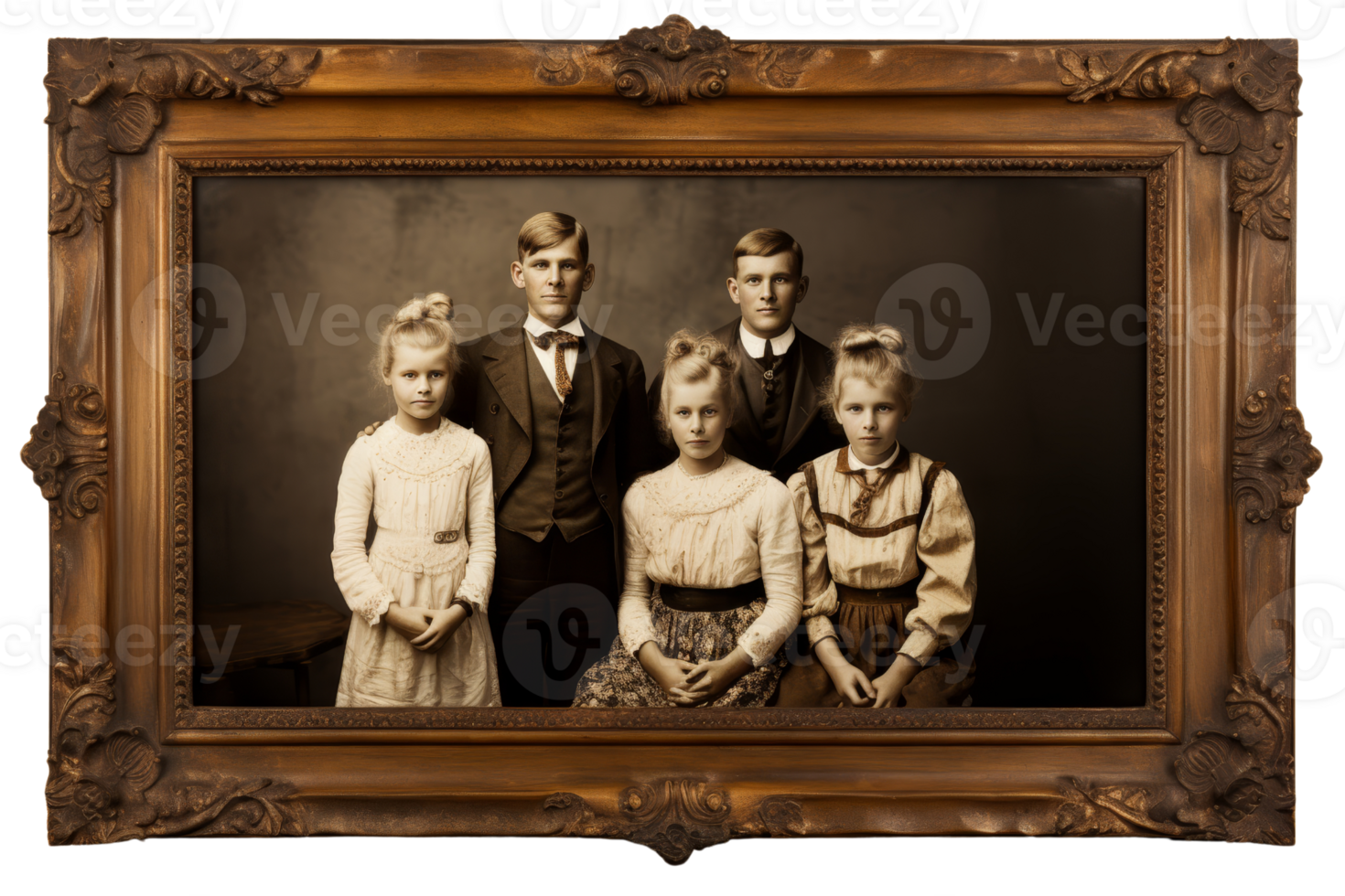 A family portrait of a family of five, including a young girl and a young boy. The family is dressed in old-fashioned clothing, and the photo is black and white. Scene is nostalgic and sentimental png