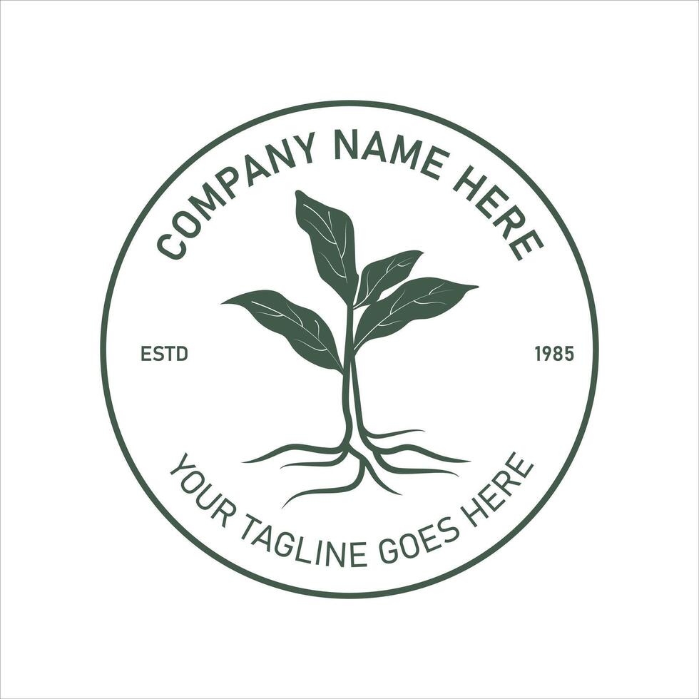 Retro vintage logo featuring an illustration of a plant with strong roots inside a circle, This design is suitable for agricultural, environmental businesses. vector
