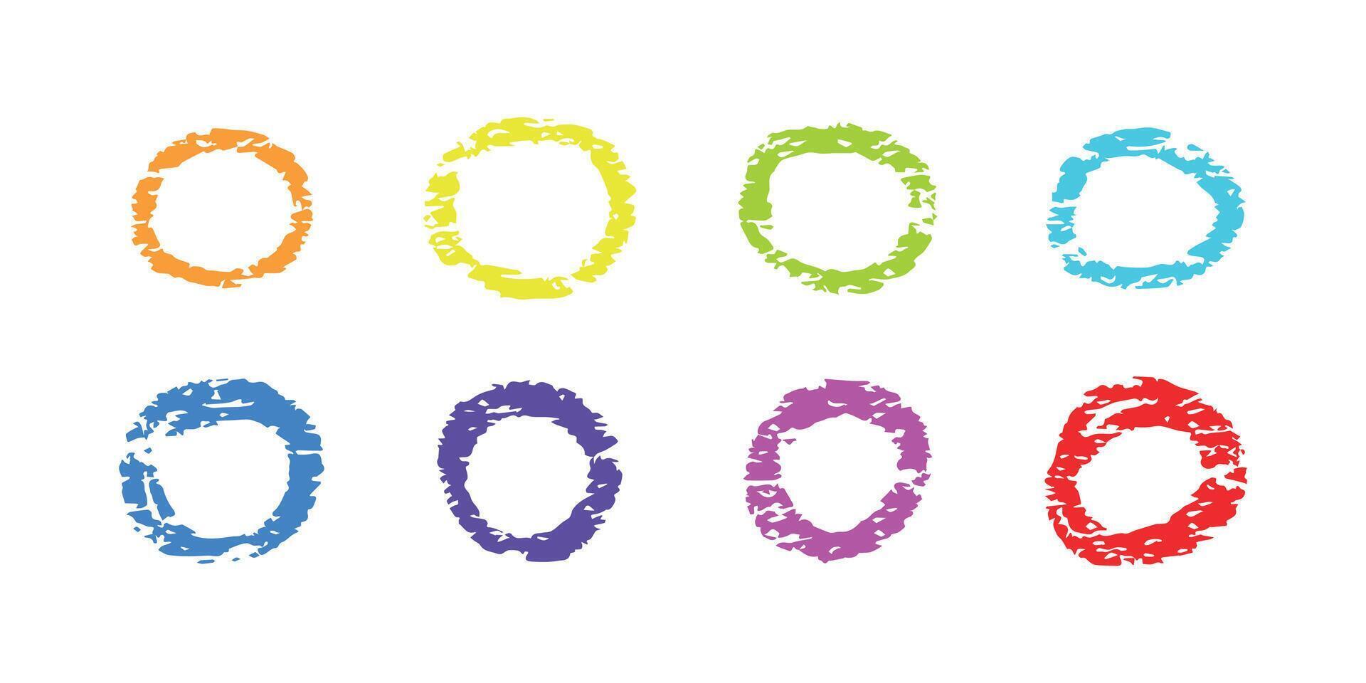 Chalk hand drawn color circle highlight. Doodle charcoal round frame, spiral. Crayon stylish design element by kids pen or pencil vector