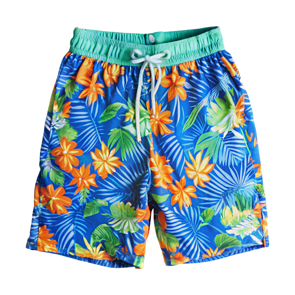 A blue and orange tropical print swim trunks png