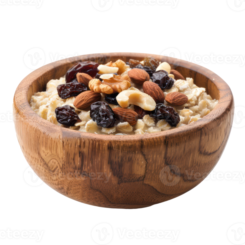 Oatmeal with nuts and raisins in wooden bowl isolate on transparency background png