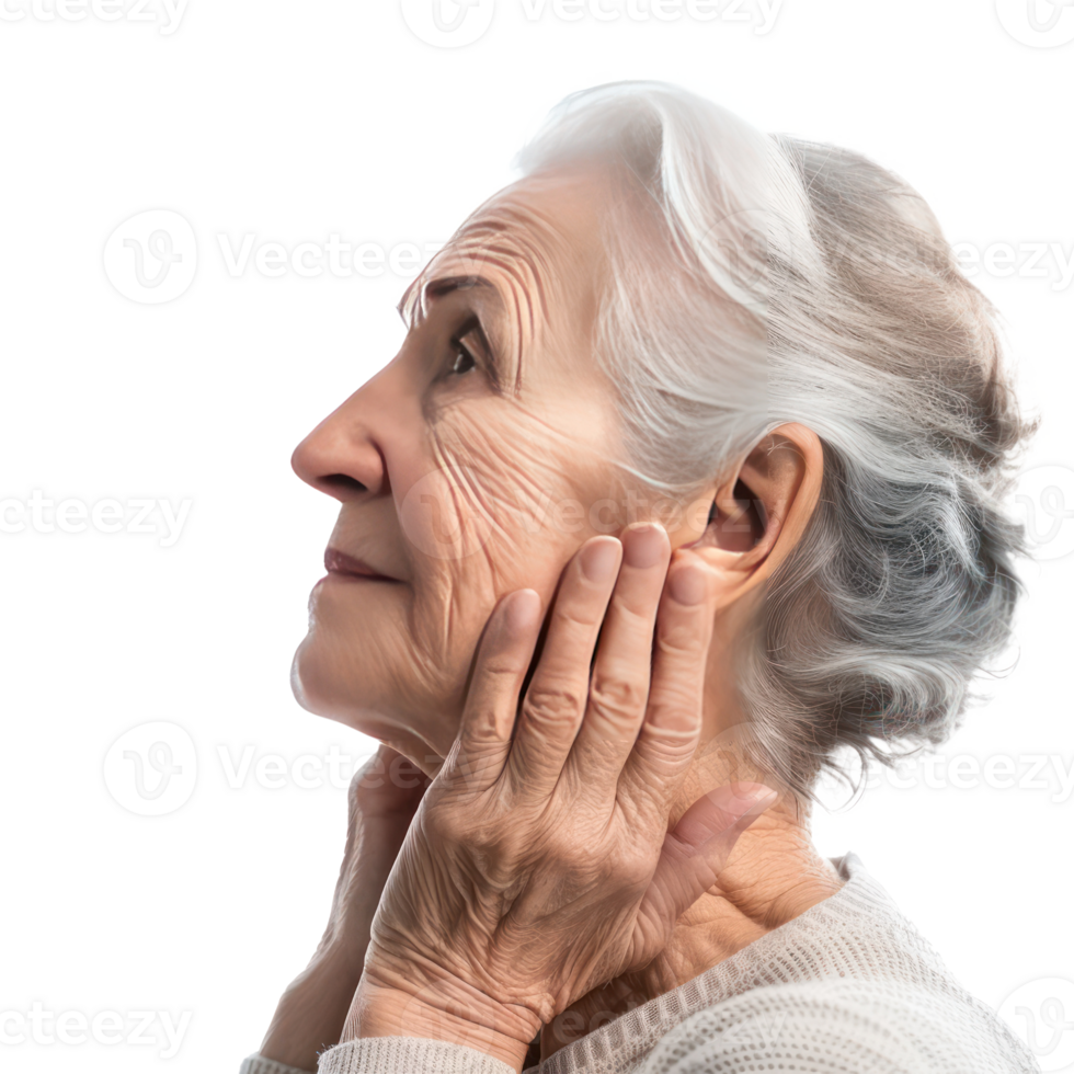 Beautiful senior woman body and face care with hand geture side view isolate on transparency background png