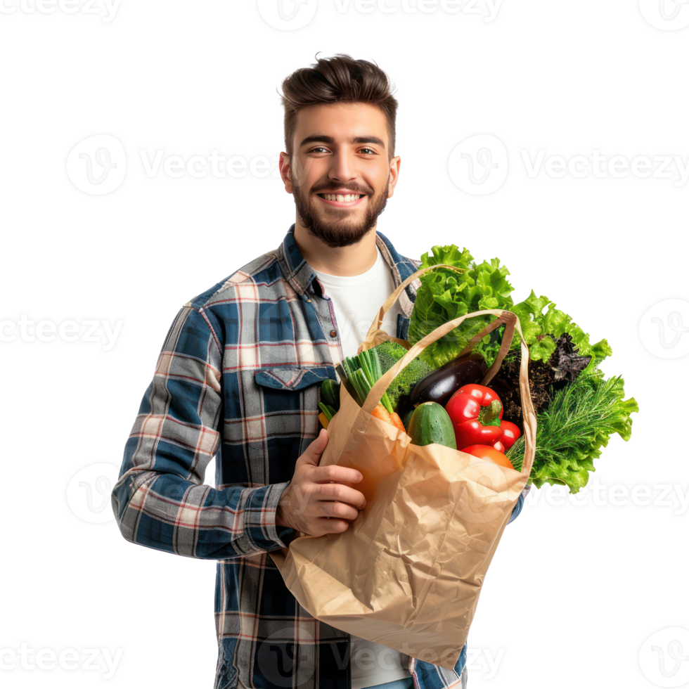 Smiling young man holding groceries vegetable shopping bag standing isolate on transparency background png