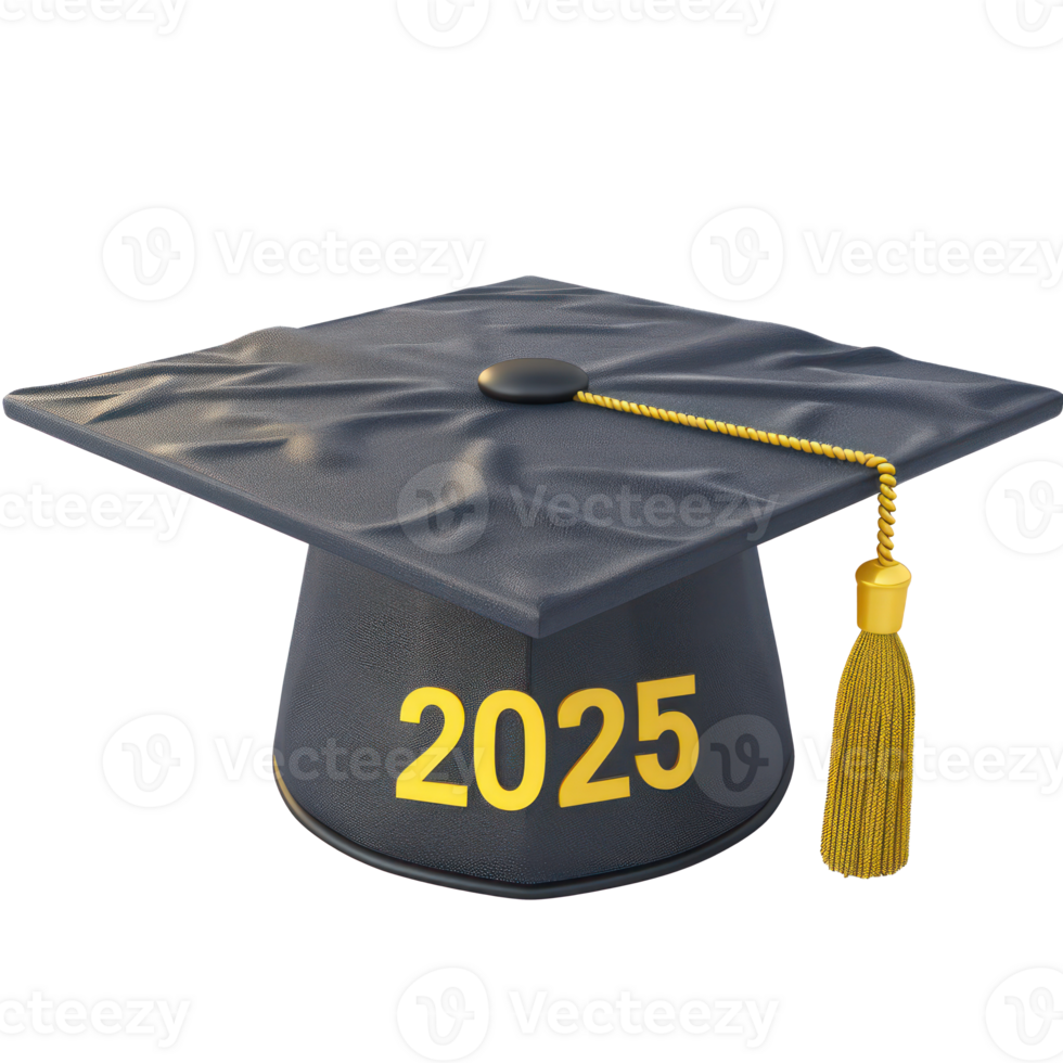 3d graduate cap with text 2025 front view full length isolate on transparency background png