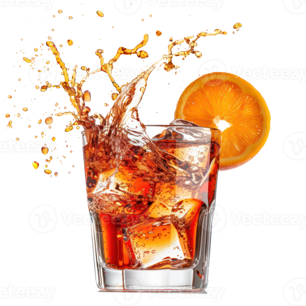 floated Splashing negroni cocktail falling into a glass isolate on transparency background png