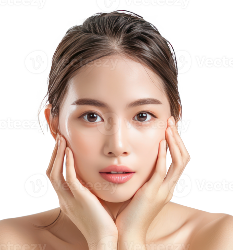 Beautiful woman body and face care with hand geture isolate on transparency background png