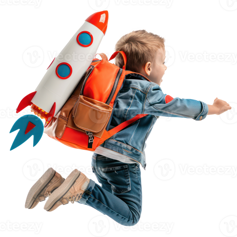 Little boy flying with school back that has rocket wing isolate on transparency background png