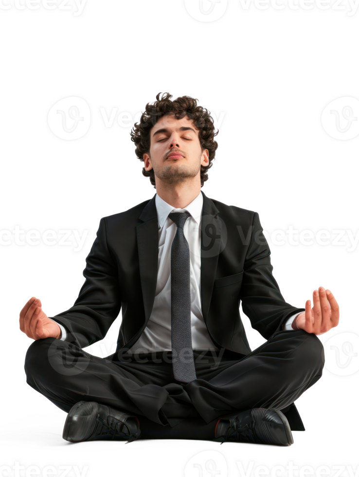 A man in a business suit with a tie that free and windblown is sitting in the lotus posture with closed eyes. On a pure transparency background png