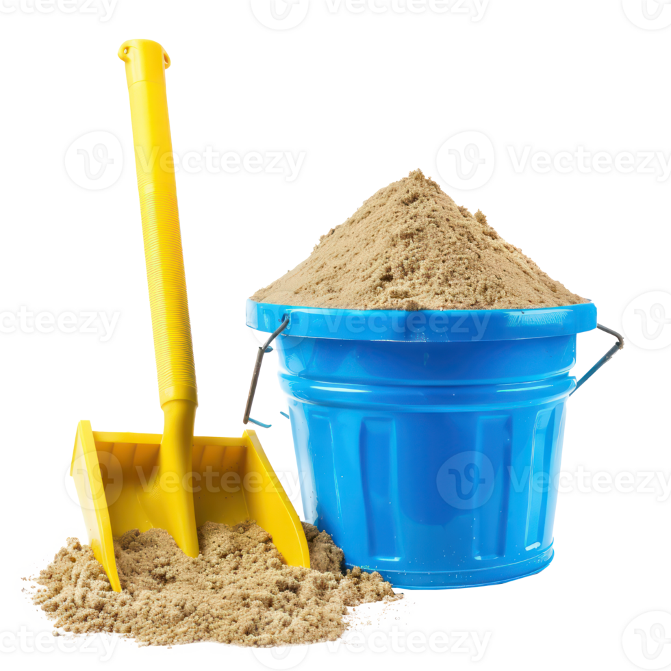 Yellow spade, and blue bucket with sand spilling out isolate on transparency background png