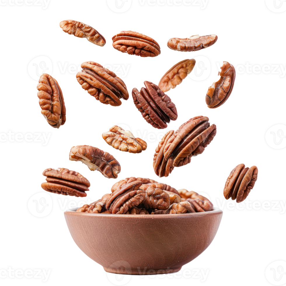 Falling Pecans in a bowl isolate on transparency background png