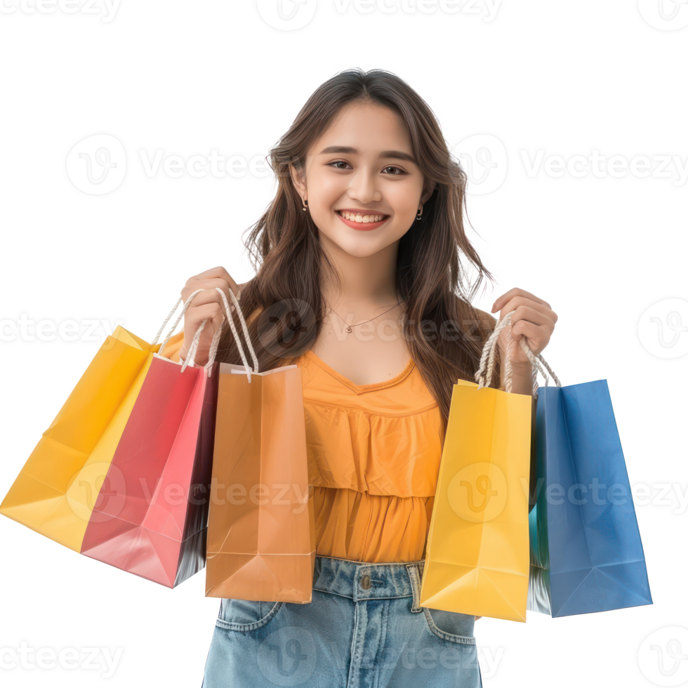 Smiling young woman with colorful shopping bag, standing isolate on transparency background png
