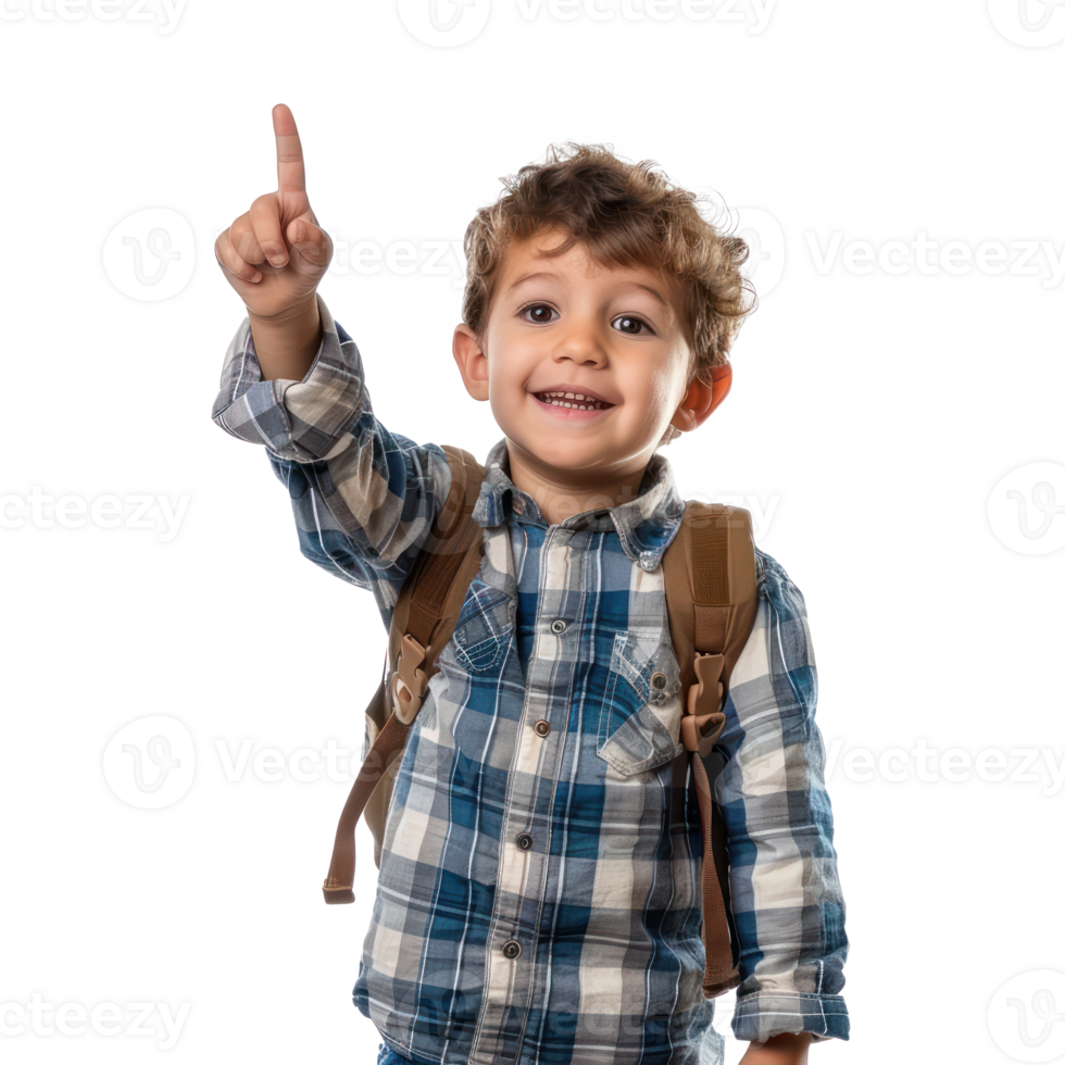 little boy with school backpack smiling with hand pointing up, standing isolate on transparency background png