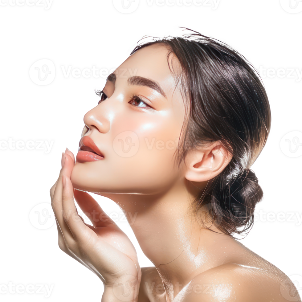 Beautiful young woman with clean fresh face skin and hand care gesture side view isolate on transparency background png