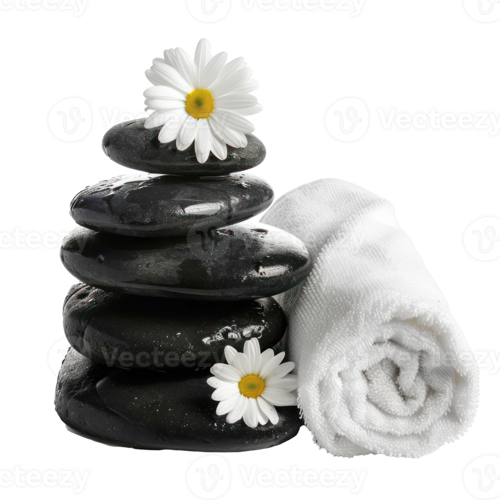 Black stack stones and white towel with fresh flower, spa concept isolate on transparency background png