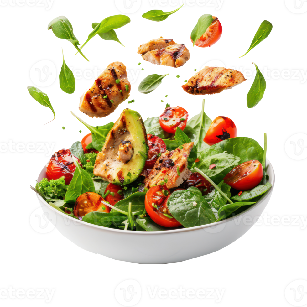 floated Grilled chicken meat and fresh vegetable salad of tomato, avocado, lettuce and spinach falling into a plate isolate on transparency background png