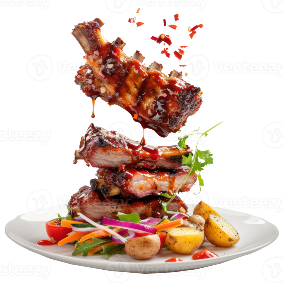 floated Stack of pork ribs with salad and potatoes falling into a plate isolate on transparency background png