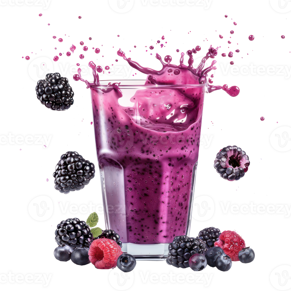 blackberry and blackberry smoothie falling into a glass isolate on transparency background png