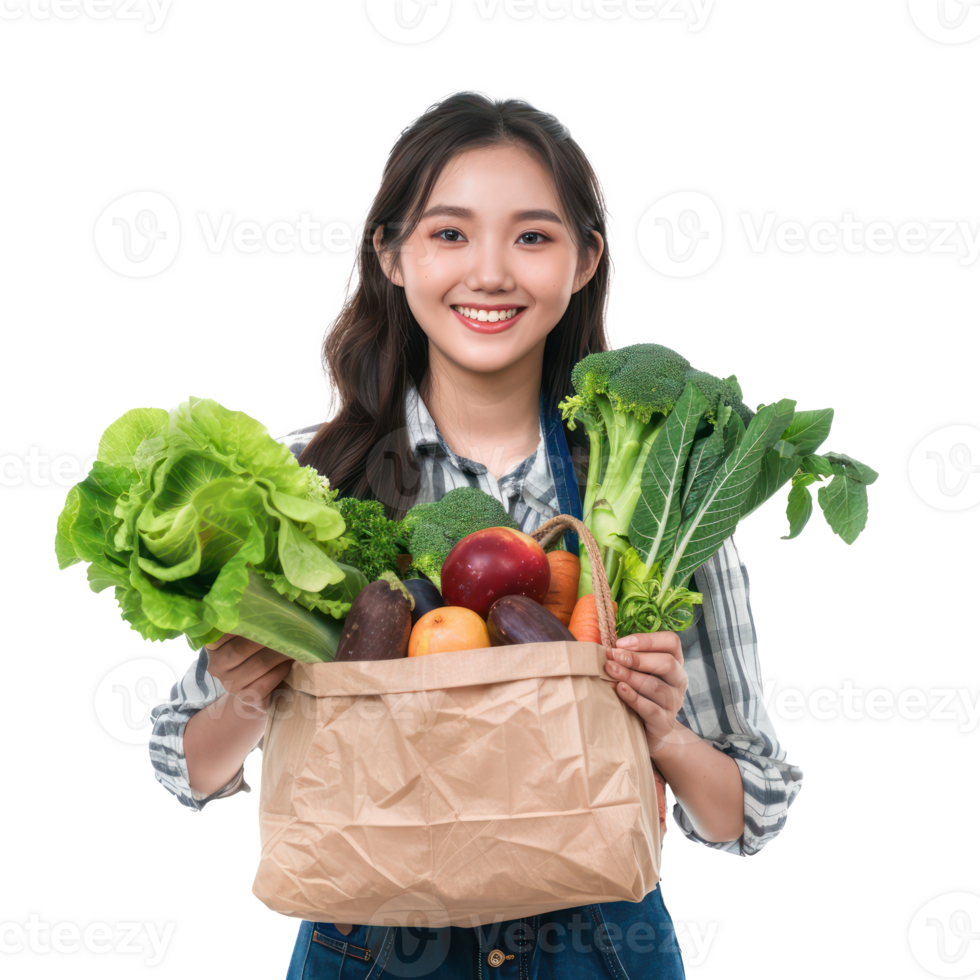 Smiling young woman holding groceries vegetable shopping bag standing, healthy concept isolate on transparency background png