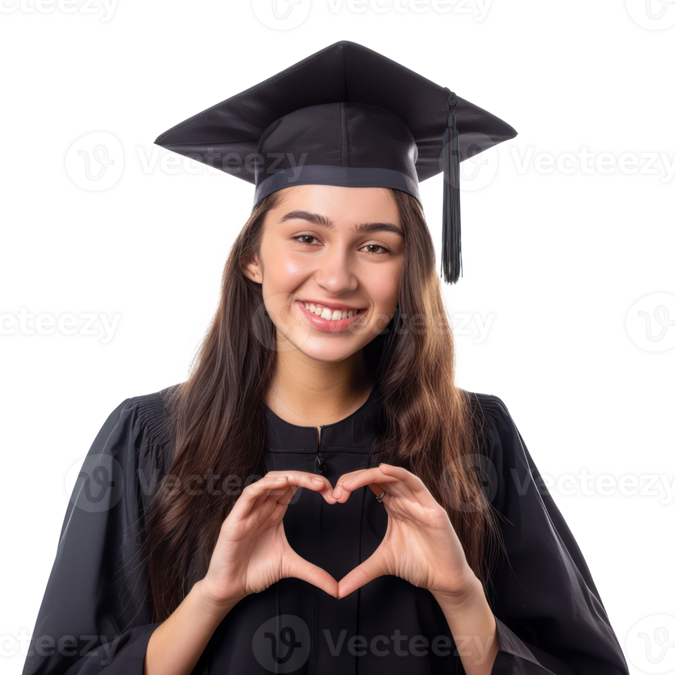 Smiling young female student wearing graduate cap making heart geture with hand, standing isolate on transparency background png