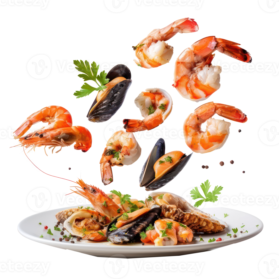 floated Broiled Seafood falling into a plate isolate on transparency background png