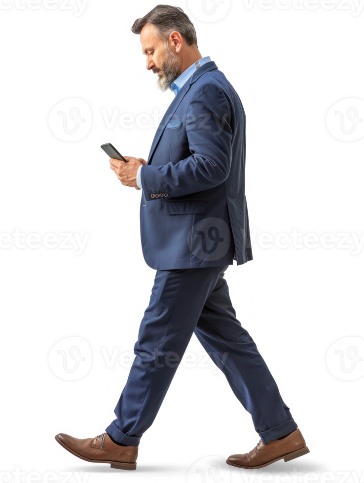 businessman using smartphone while walking, side view full body isolate on transparency background png