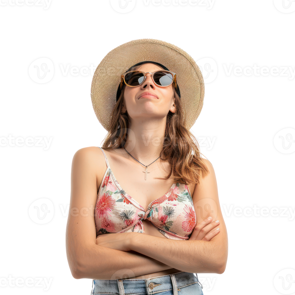 young woman wearing a summer hat and sunglasses looking up , standing front view full length isolate on transparency background png