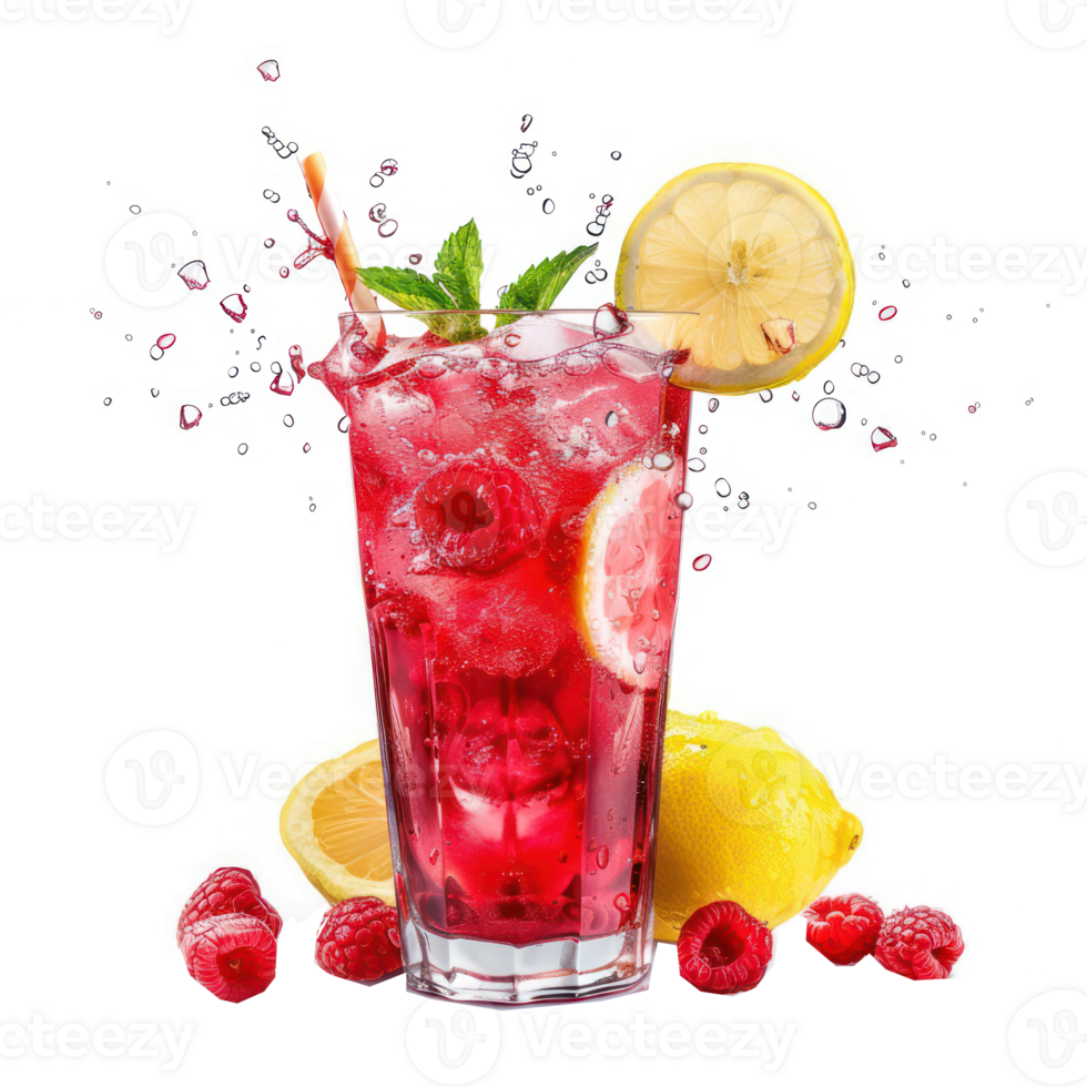 Delicious raspberry lemonade made with soda water falling into a glass isolate on transparency background png