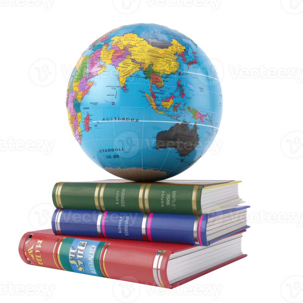 stack of books and a 3d globe education isolate on transparency background png