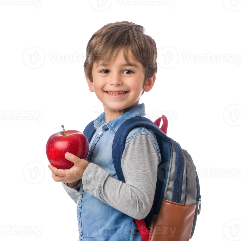 Happy boy with school backpack with red apple, standing isolate on transparency background png