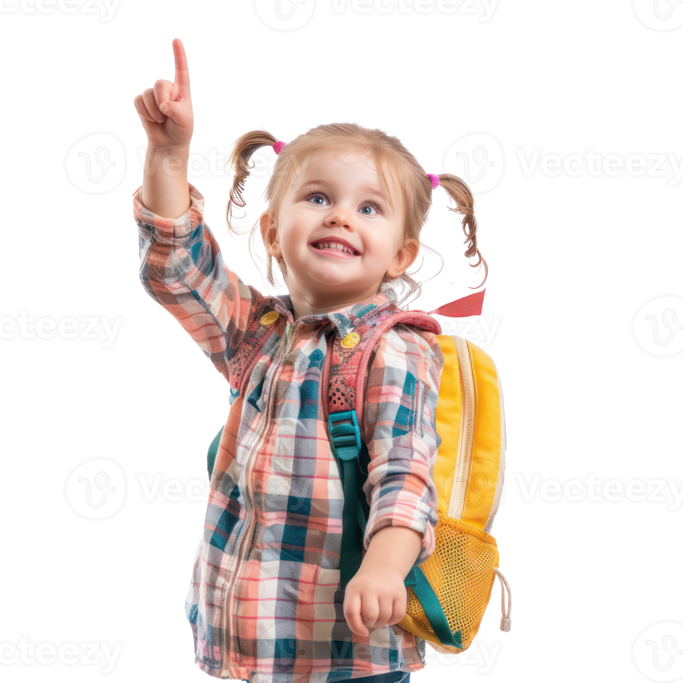 little girl with school backpack smiling with hand pointing up, standing isolate on transparency background png