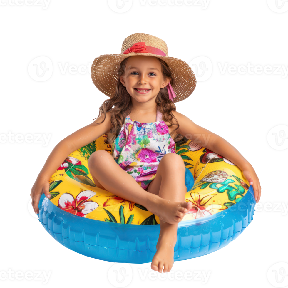 Happy little girl wearing summer clothes with inflatable swimming circle front view full length isolate on transparency background png