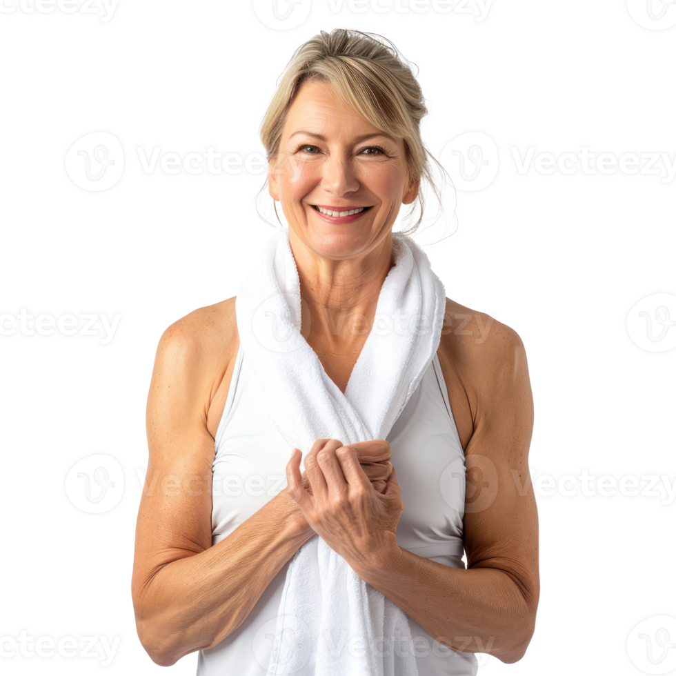 smiling mature woman with white towel ready to workout, standing isolate on transparency background png