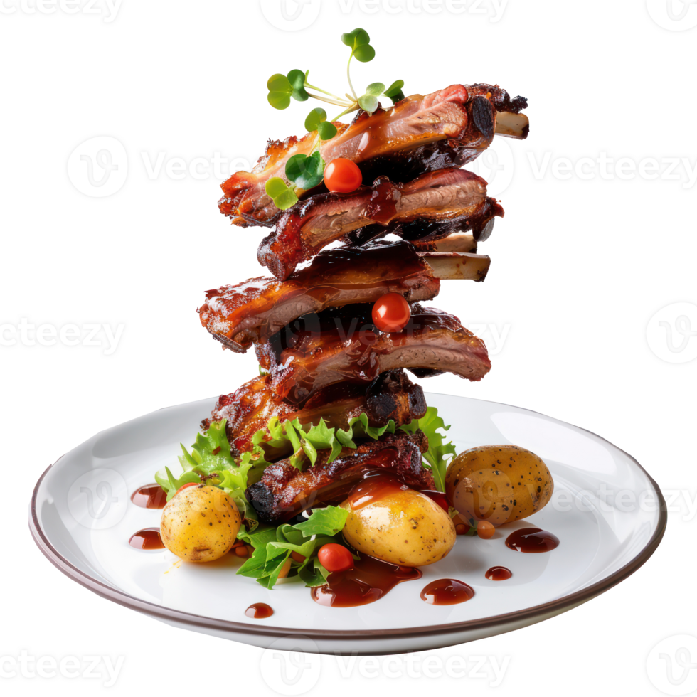 floated Stack of pork ribs with salad and potatoes falling into a plate isolate on transparency background png