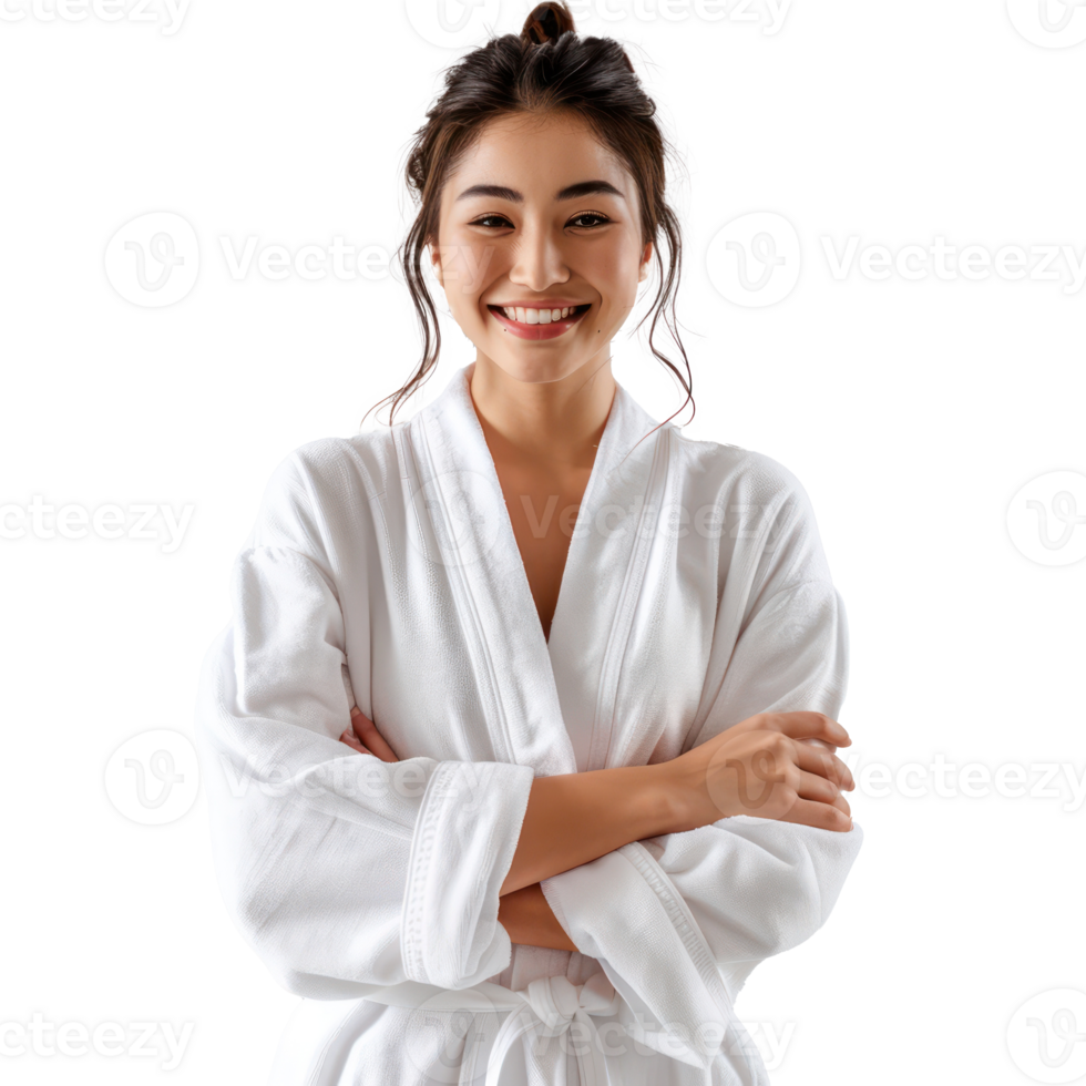 Smiling young woman wearing bathrobe standing isolate on transparency background png
