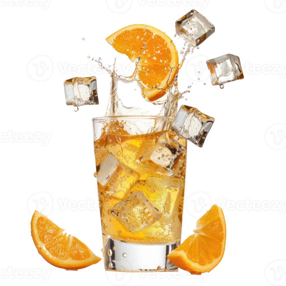 Thin slice of orange and orange juice with ice cubes falling into a glass isolate on transparency background png