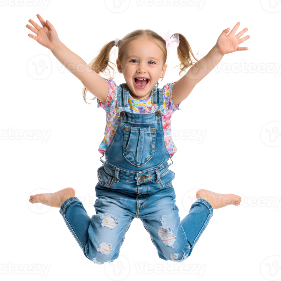 Floated overjoyed little girl jumping and gesturing happiness isolate on transparency background png