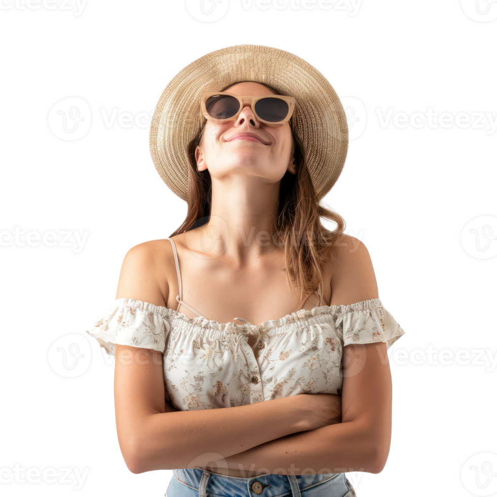 young woman wearing a summer hat and sunglasses looking up , standing front view full length isolate on transparency background png