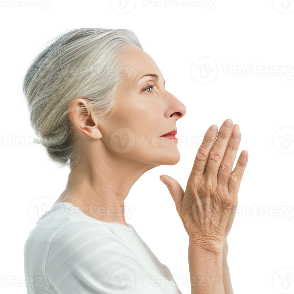 Beautiful senior woman with clean fresh face skin and hand care gesture side view isolate on transparency background png