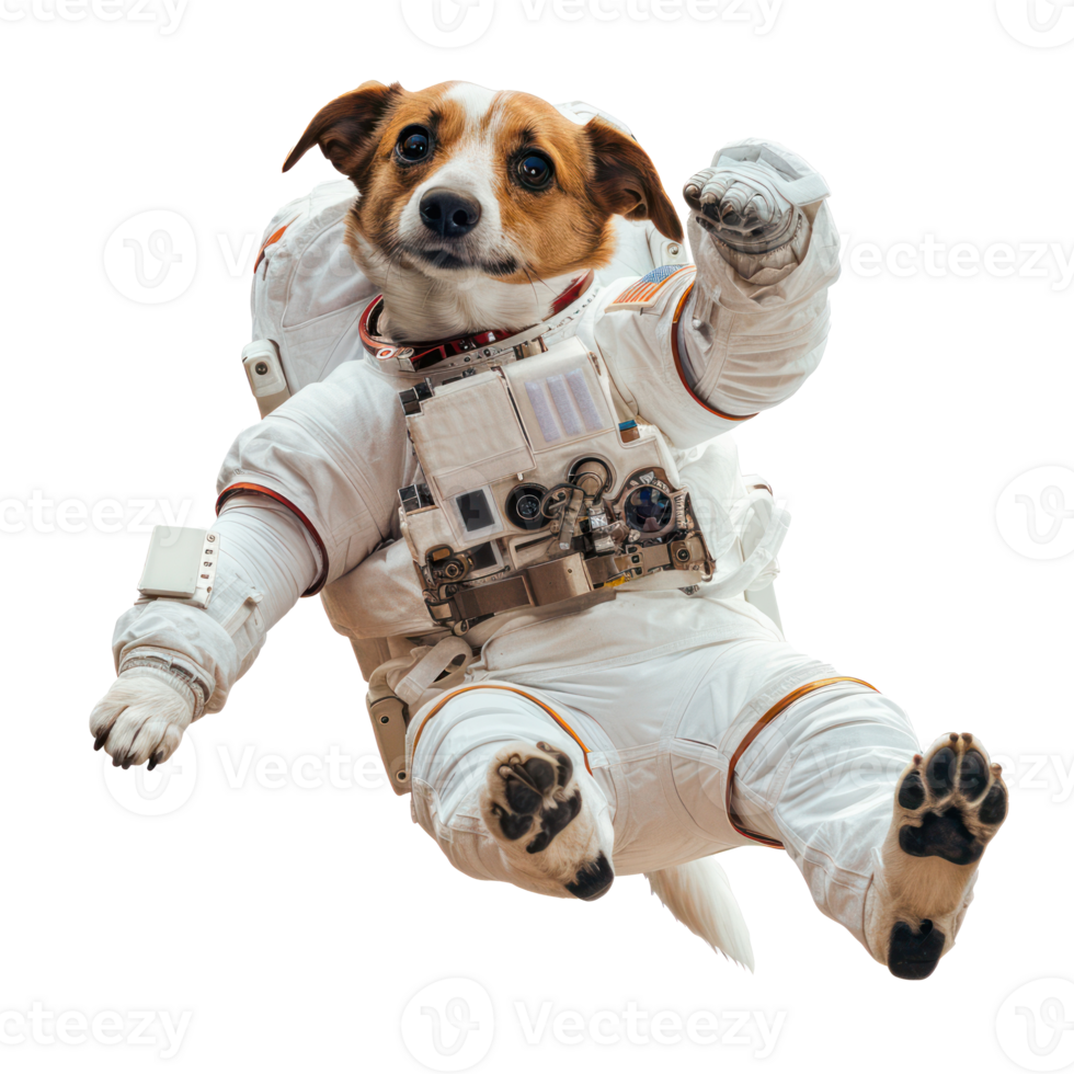 dog in astronaut suit floating in the air isolate on transparency background png