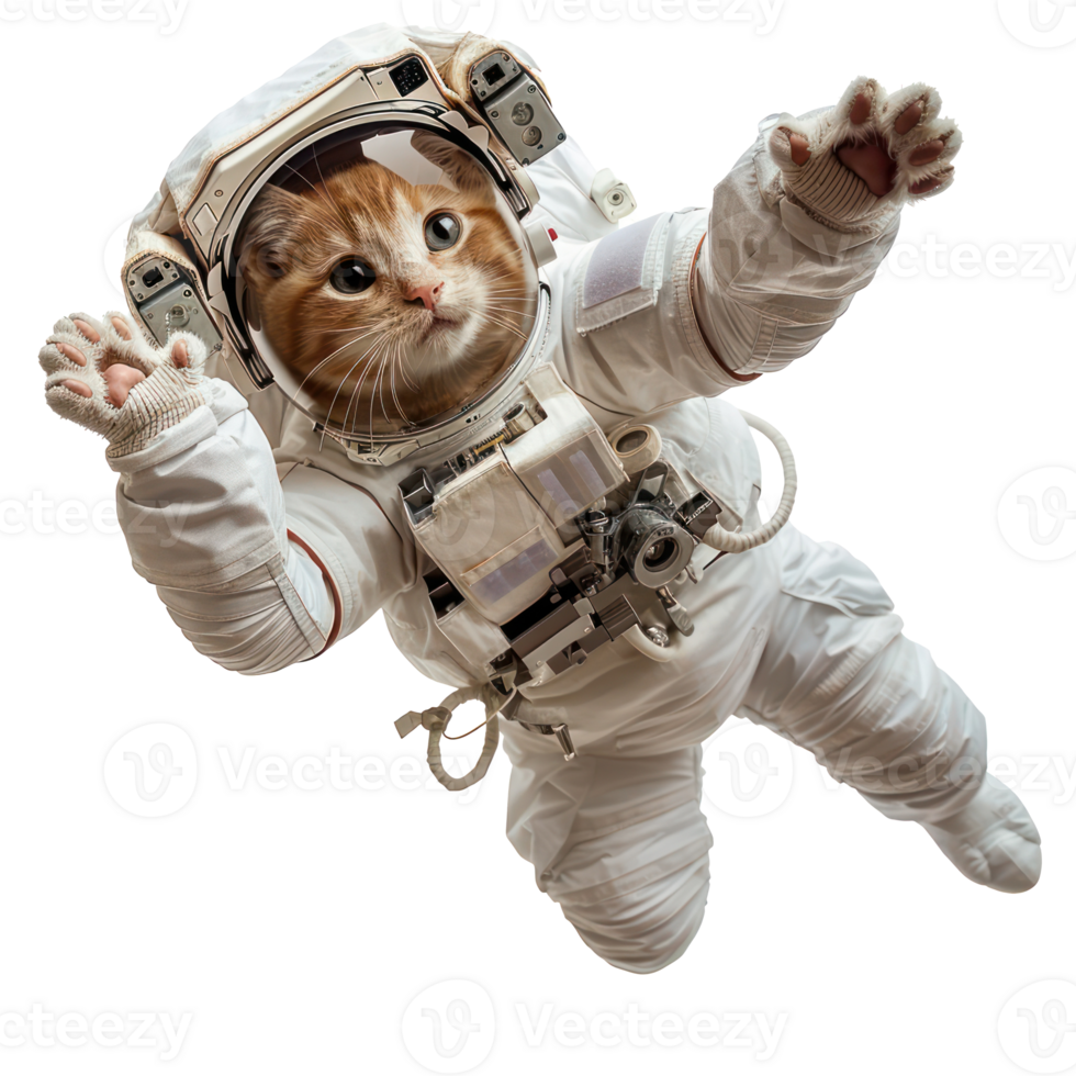 cat in astronaut suit floating in the air isolate on transparency background png