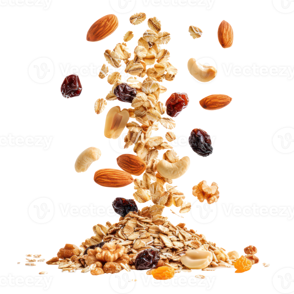 Falling Oatmeal with nuts and raisins isolate on transparency background png