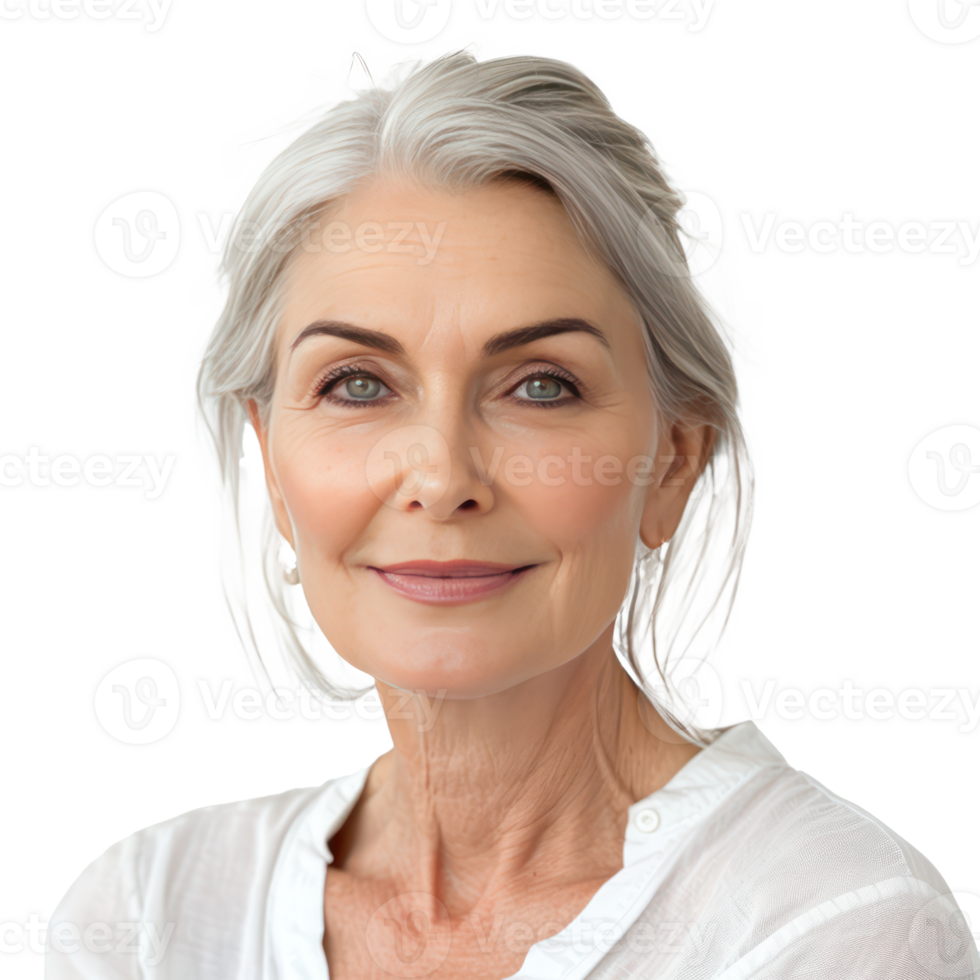 Portrait of beautiful senior woman with clean glowing face skin isolate on transparency background png