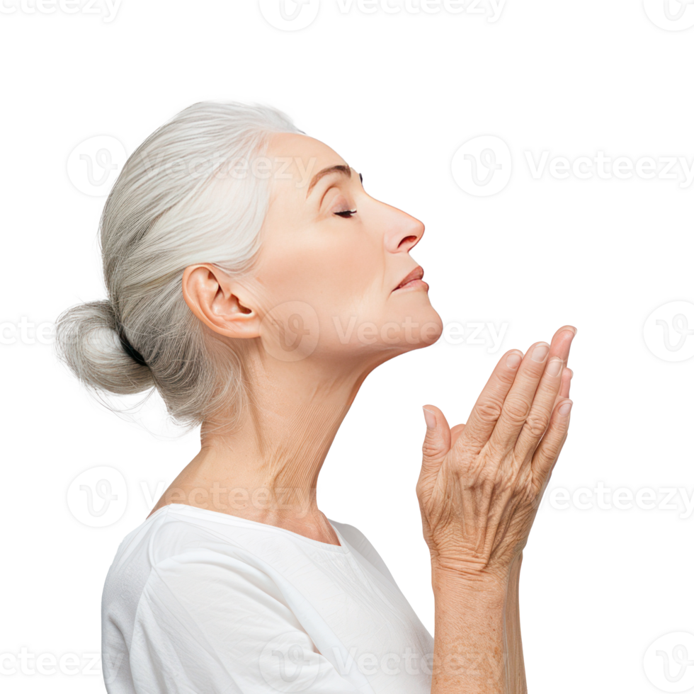 Portrait of facial senior model with hand gesture, face care concept side view isolate on transparency background png