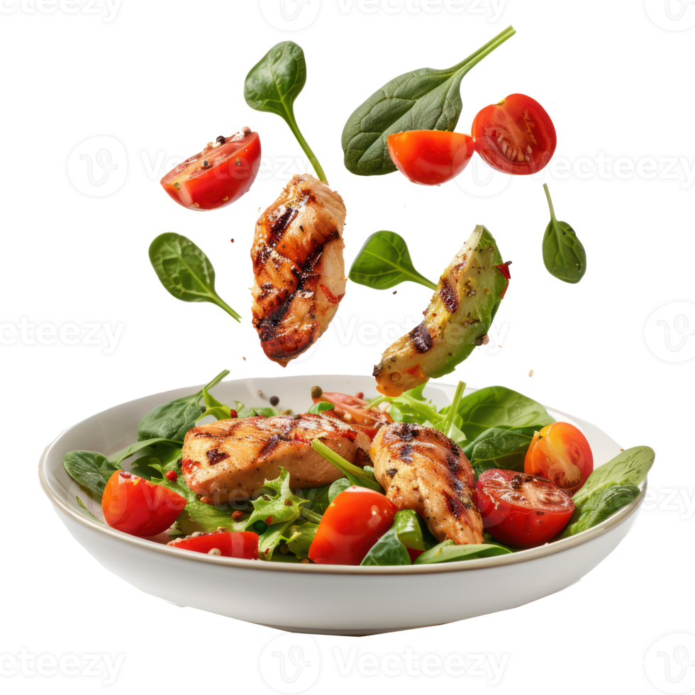 floated Grilled chicken meat and fresh vegetable salad of tomato, avocado, lettuce and spinach falling into a plate isolate on transparency background png