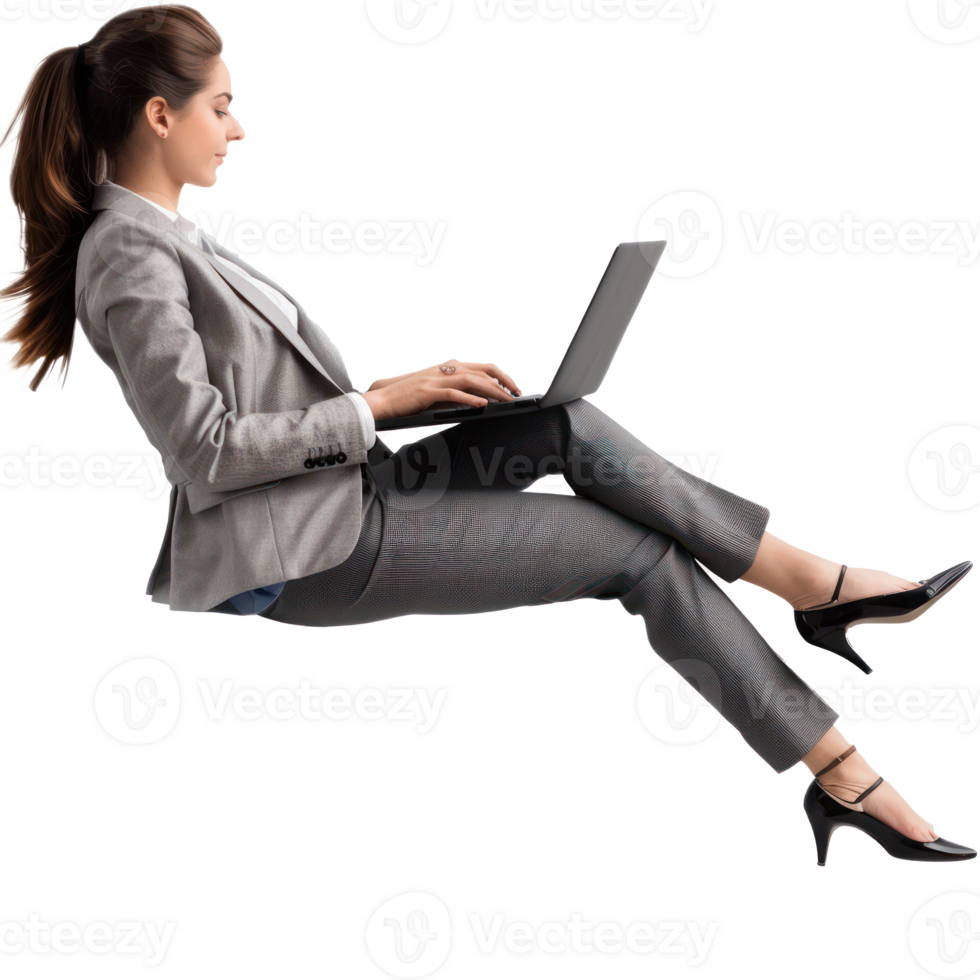 full body businesswoman laying in the air floating while using laptop transparency background png