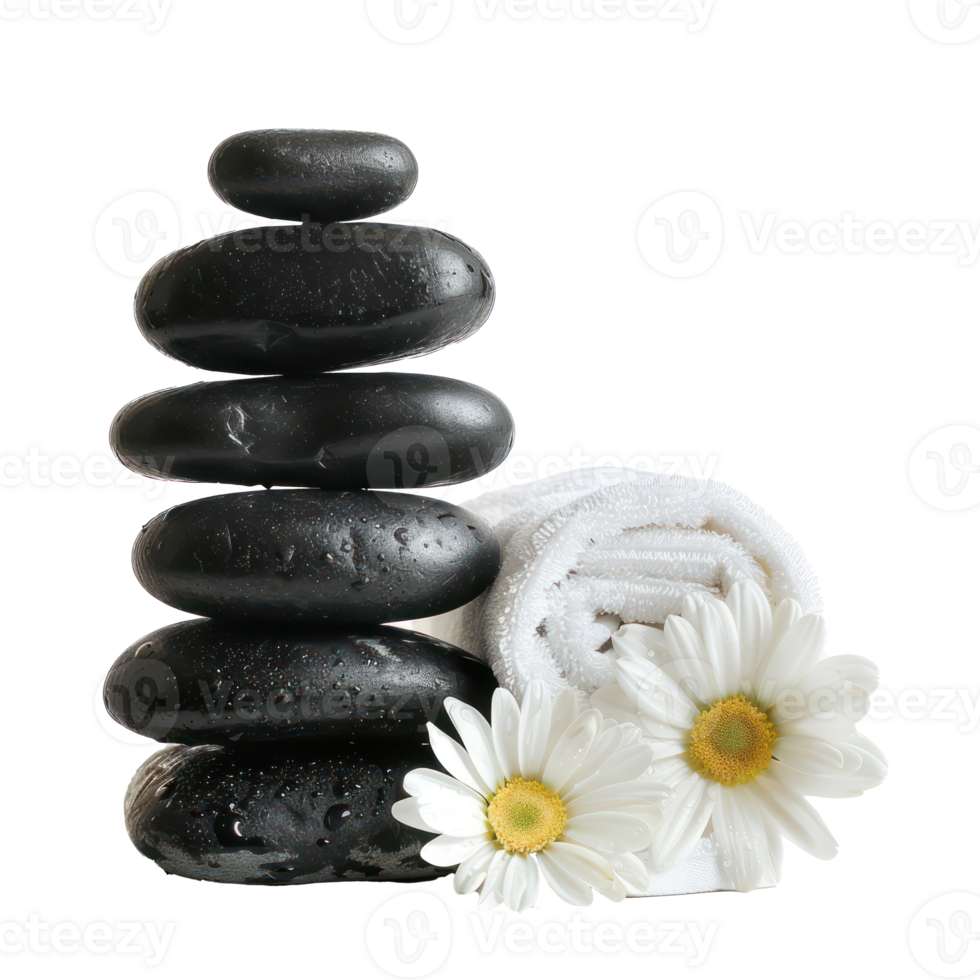 Black stack stones and white towel with fresh flower, spa concept isolate on transparency background png