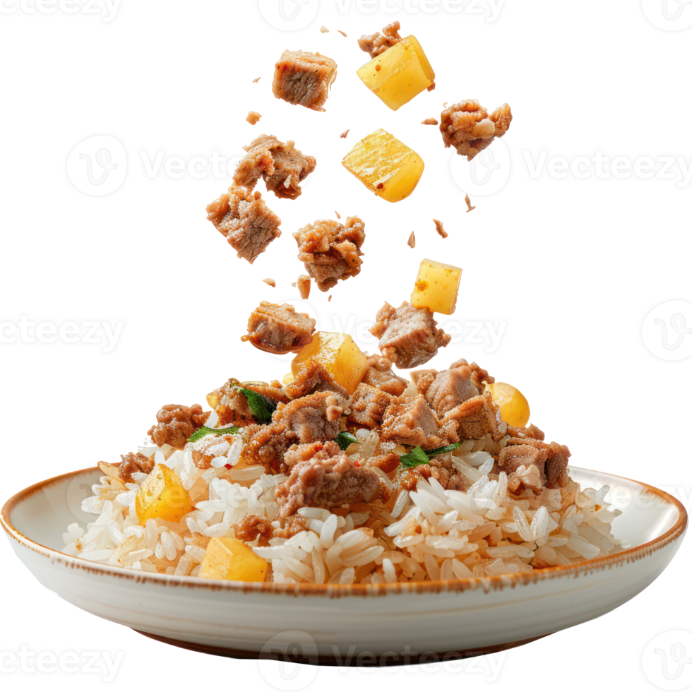 floated Rice with potatoes and meat falling into a plate isolate on transparency background png