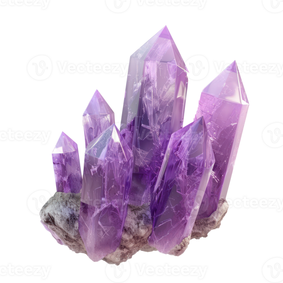 Crystal Stone rough amethyst crystals, 3d rendering front view isolate on transparency background png