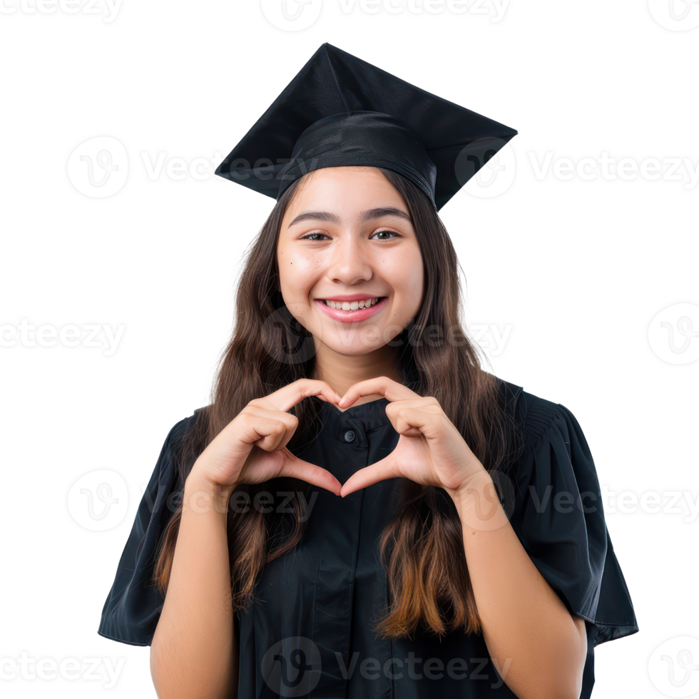 Smiling young female student wearing graduate cap making heart geture with hand, standing isolate on transparency background png