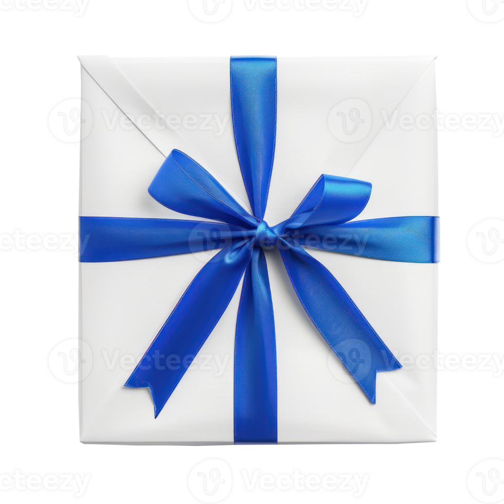 white gift box with blue ribbon top view full length isolate on transparency background png
